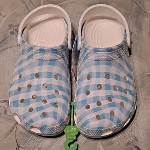 Light Blue & White Plaid Crocs Women 9 Men 7